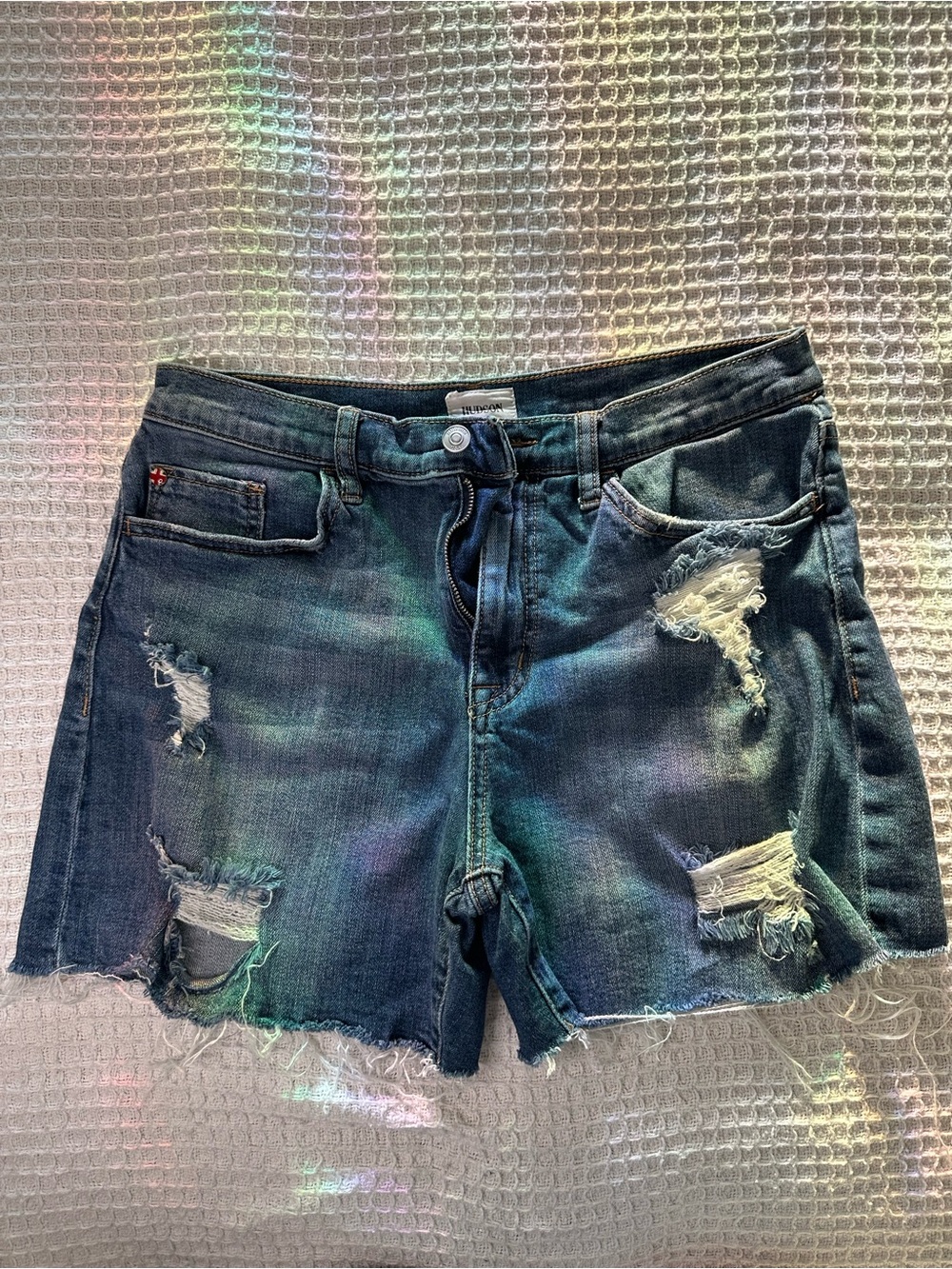 Hudson Kass Denim Shorts Distressed Raw Hem Stretch Blue Size 28